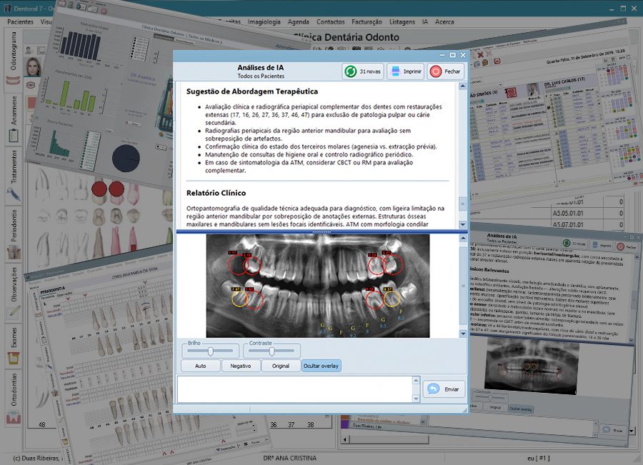 Vários módulos do Dentoral em uso — agenda, odontograma, dashboard e a DR-IA a analisar uma radiografia